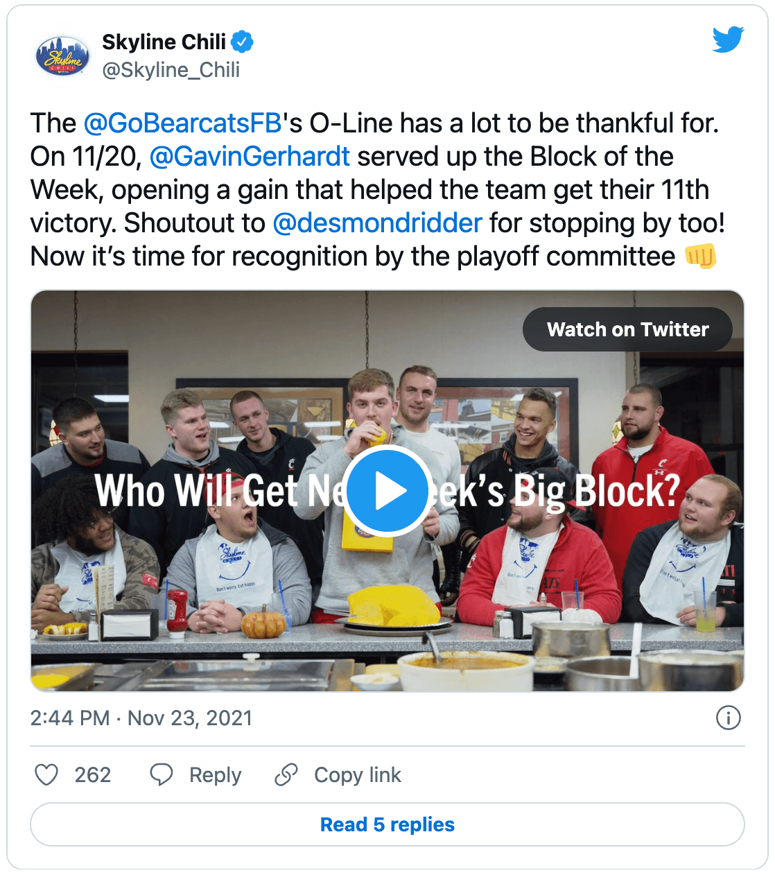 Cincinnati Football O-Line Sign NIL Deal with Skyline Chili